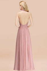 Gorgeous High-Neck Halter Backless Bridesmaid Dress Dusty Rose Chiffon Maid of Honor Dress-27dress
